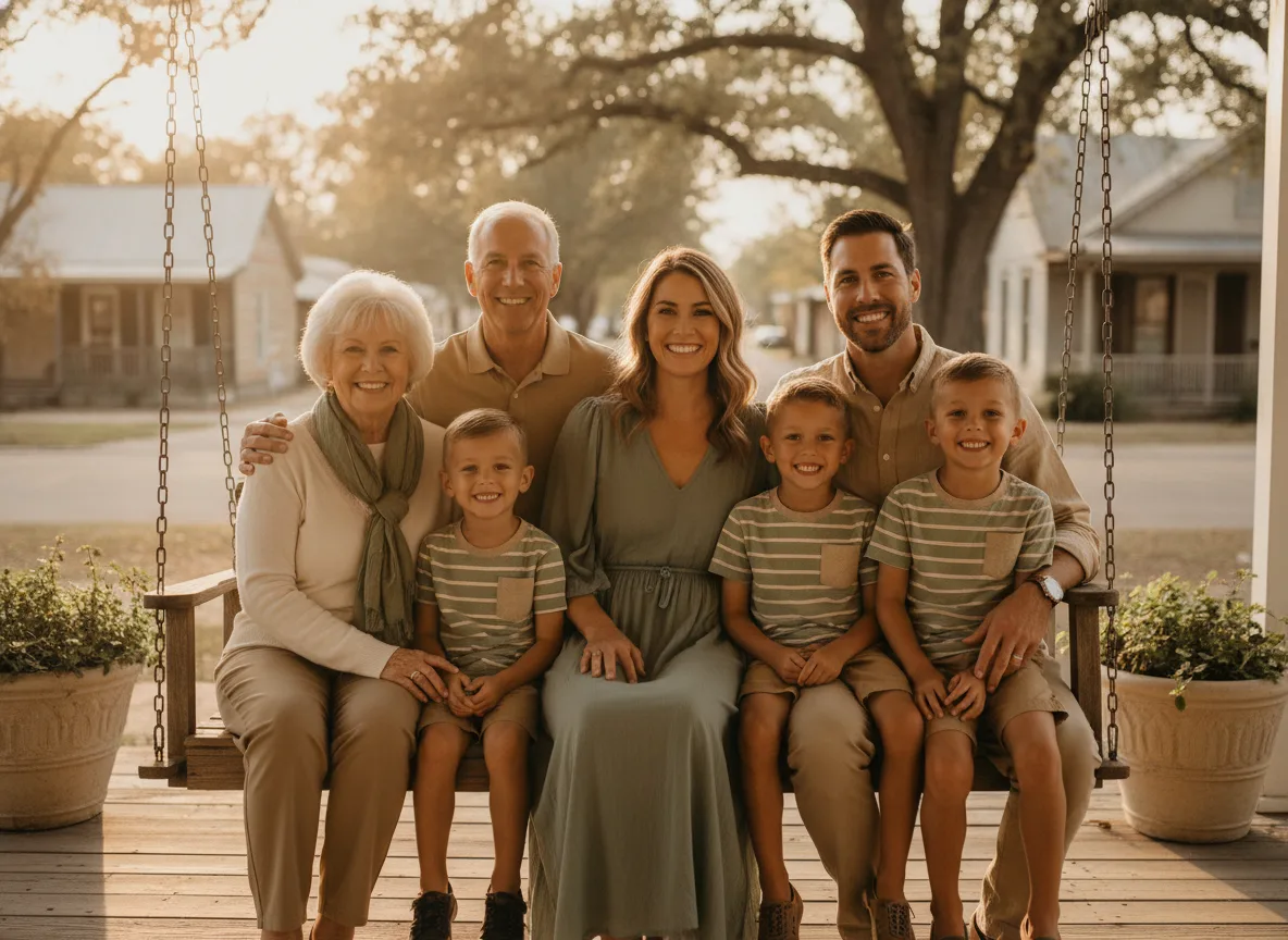 A multi-generational family smiling together on a porch swing
