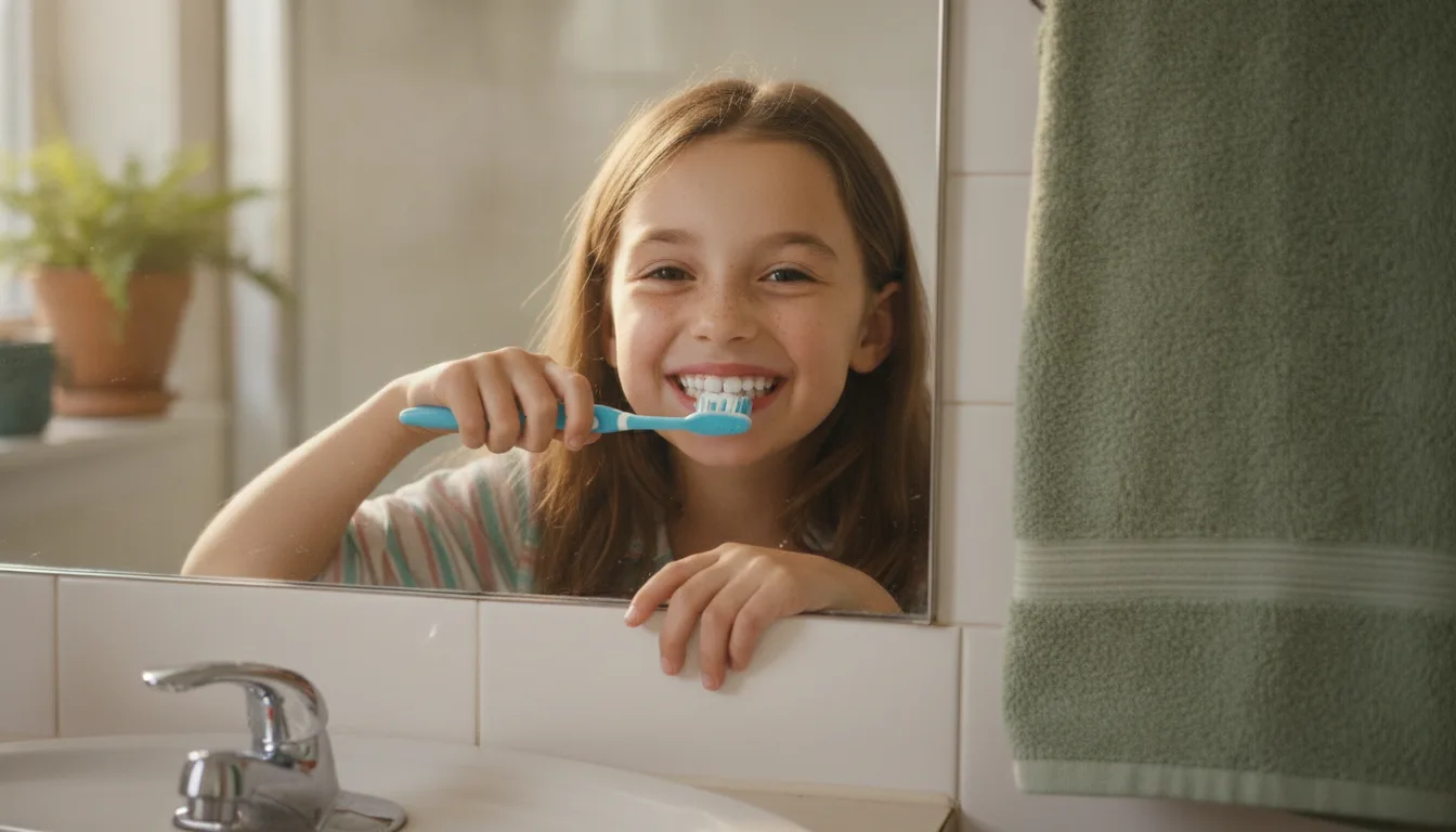 A young girl smiling while brushing her teeth at home