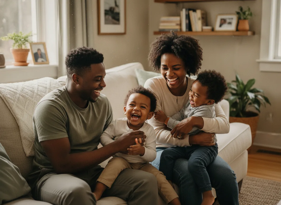 A family laughing together at home