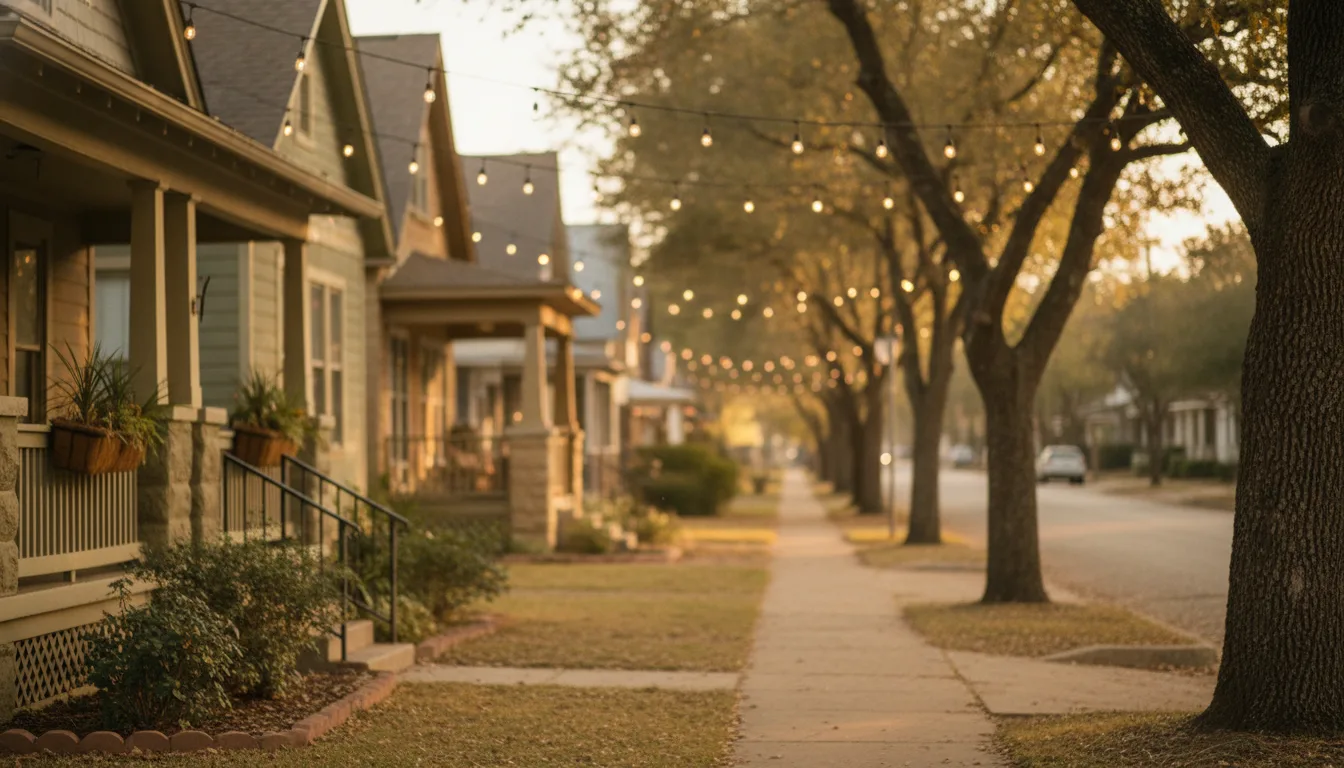 A warm, tree-lined residential street in Terrell, Texas at golden hour